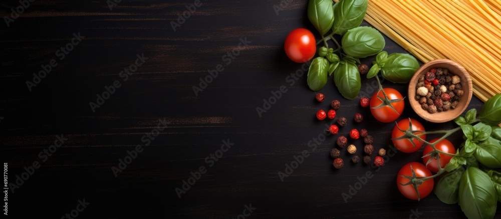 Fototapete spaghetti pasta with cherry tomatoes basil and parmesan cheese top view copy space. copyspace image.