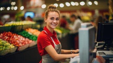 Supermarket food seller happy smiling woman cashier wallpaper background - Powered by Adobe