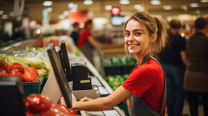 Supermarket food seller happy smiling woman cashier wallpaper background