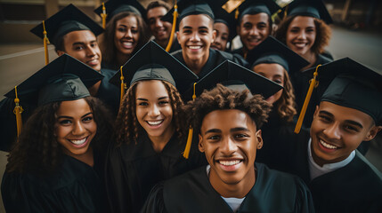 A group comes together to capture the joy of their graduation in a selfie with gown and mortarboard - obrazy, fototapety, plakaty