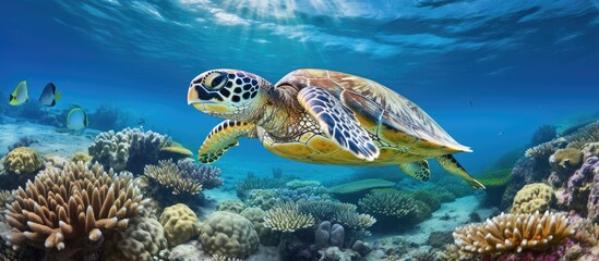 Fototapeta na wymiar Sea Turtle relaxing in its natural habitat among beautiful coral reef in clear tropical water. Copyspace image. Square banner. Header for website template