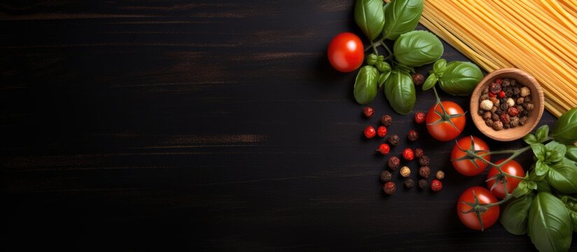 Spaghetti pasta with cherry tomatoes basil and parmesan cheese top view copy space. Copyspace image. Square banner. Header for website template