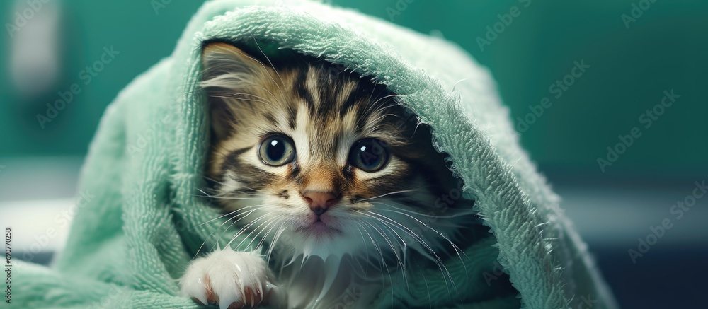Aufkleber woman wipes wet kitten with a towel after bathing. copyspace image. square banner. header for websit
