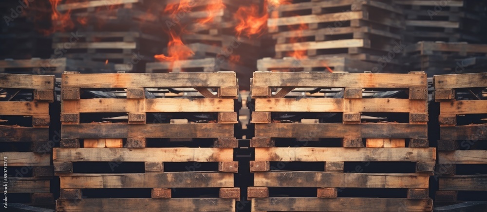 Poster stock piles of wooden pallets in a yard ready for breaking up and recycling into firewood or kindlin