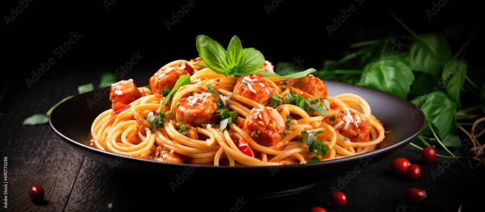 Aufkleber spaghetti with meatballs and tomato sauce italian pasta. copyspace image. square banner. header for 