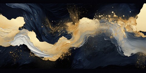A black and gold abstract painting with gold paint. Suitable for modern decor