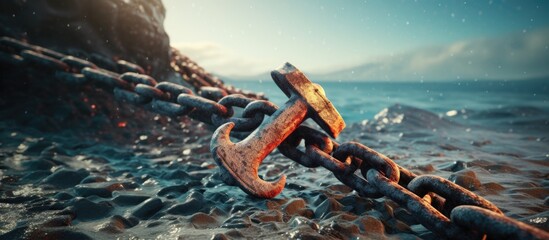Rusty anchor chain on a ship in an anchor hawsepipe close up. Copyspace image. Square banner. Header for website template - obrazy, fototapety, plakaty
