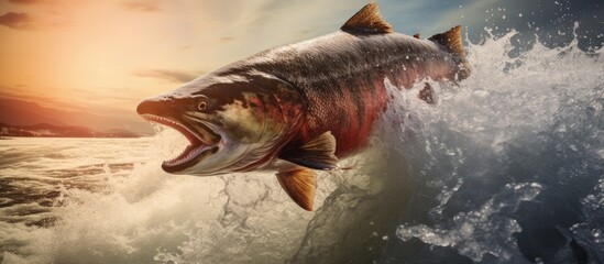 Sockeye Salmon Jumping Up Brooks Falls in Katmai National Park Alaska. Copyspace image. Square banner. Header for website template