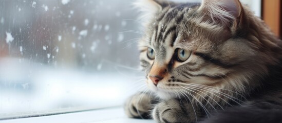 The cat sits on the windowsill and looks out the window in winter A pensive cat looks out the window on a rainy snowy cold day Cozy at home. Copyspace image. Square banner. Header for website template