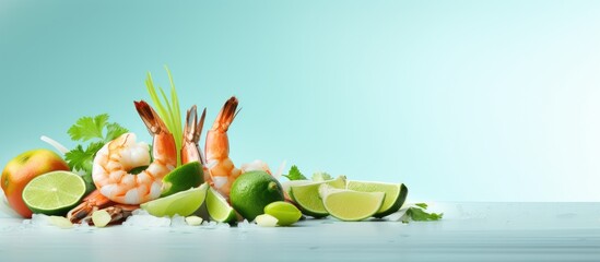 Shrimp cocktail with avocado cilantro lime and red onions. Copyspace image. Square banner. Header for website template