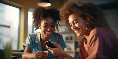 Two women sitting at a table, engaged in conversation and looking at a cell phone. Suitable for lifestyle, technology, and social media themes - obrazy, fototapety, plakaty