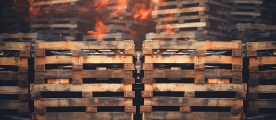 Stock Piles of wooden pallets in a yard ready for breaking up and recycling into firewood or kindling. Copyspace image. Square banner. Header for website template