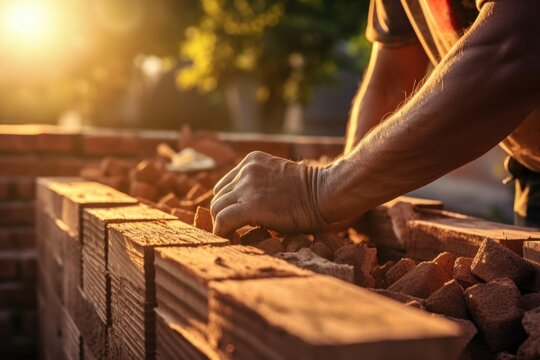 A man is seen working on a brick wall. This image can be used to depict construction, renovation, or home improvement projects