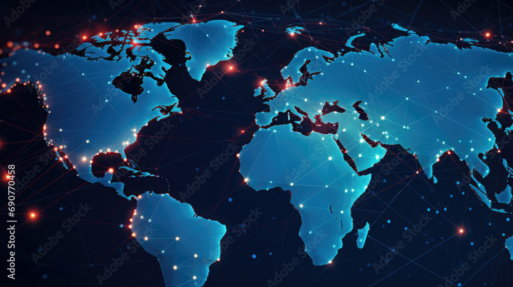 Poster a visually stunning map of the world with vibrant lights illuminating various regions.