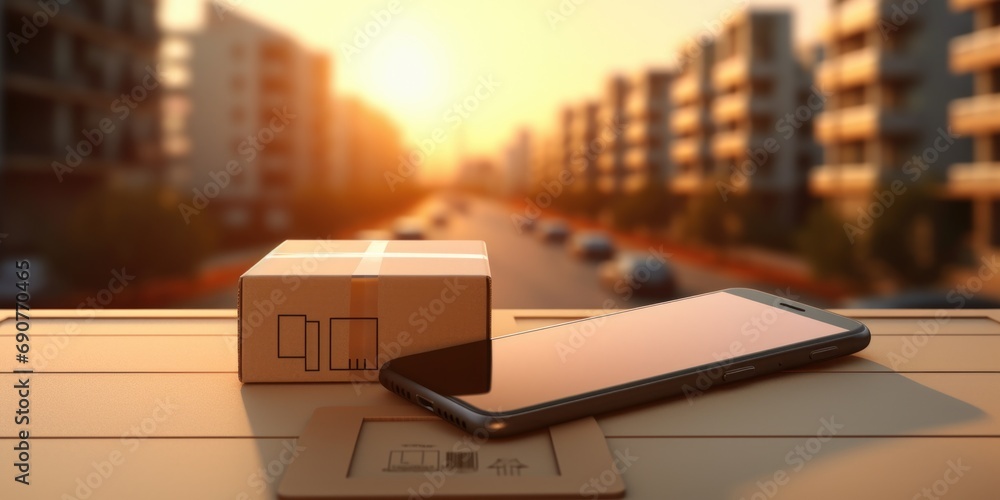 Poster A cell phone sitting on top of a table next to a box. Suitable for various technology and communication concepts