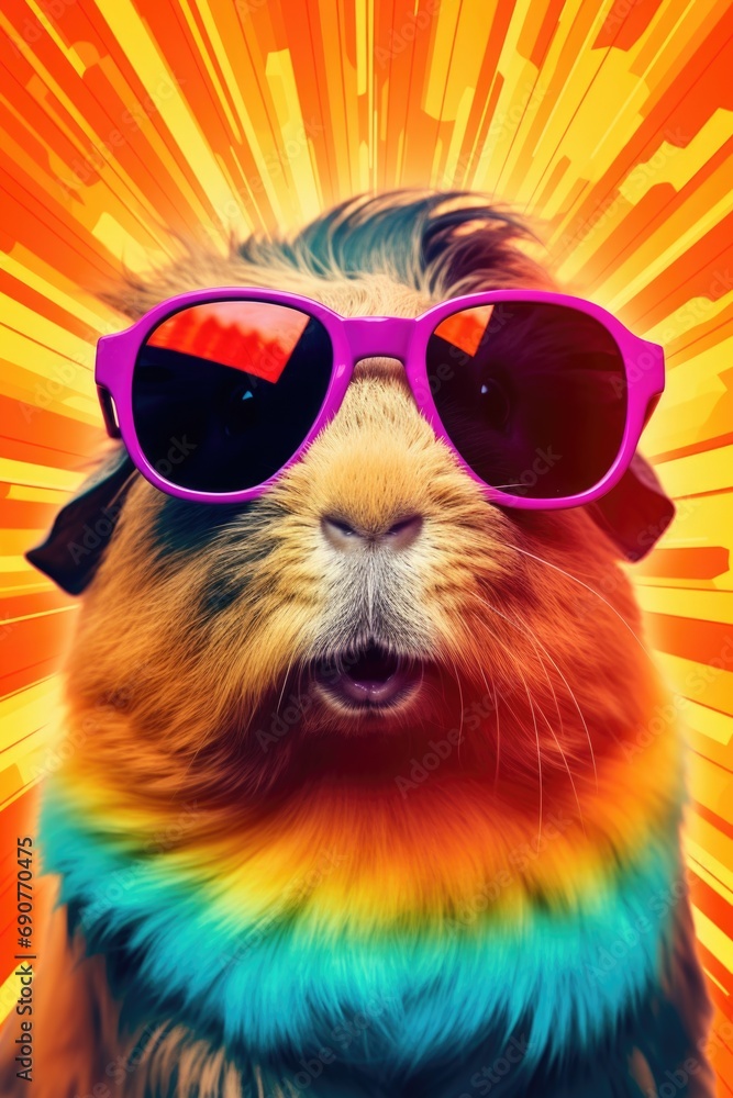 Poster A cute hamster wearing sunglasses and a colorful tie dye shirt. Perfect for summer-themed designs or pet-related projects