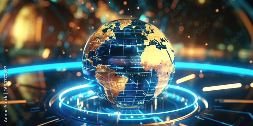 Poster A captivating image of a blue and gold globe illuminated by surrounding lights. Perfect for various design projects and presentations