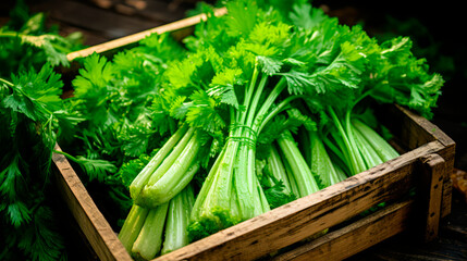 close up of a tray full of delicious freshly picked farm fresh celery, organic product. view from above. AI generate - 690770434