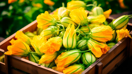 close up of a tray full of delicious freshly picked farm fresh  courgette flowers, organic product. view from above. AI generate - 690770447