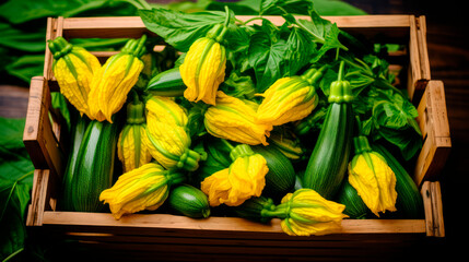 close up of a tray full of delicious freshly picked farm fresh  courgette flowers, organic product. view from above. AI generate - 690770448