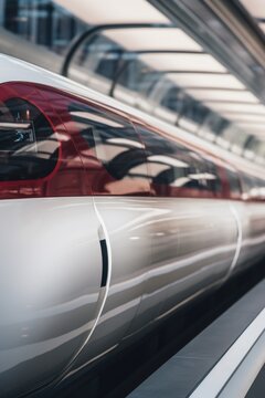 A red and white train is seen traveling through a train station. This image can be used to depict transportation, travel, or commuting