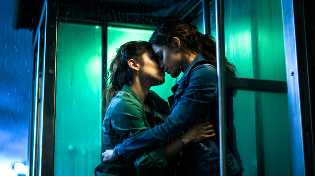 Two young women seek refuge from the heavy summer rain under the roof of a bus stop. Seen from across the street. Youthful protagonist. Lesbian, sapphic, falling in love theme. First kiss.