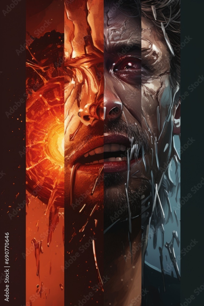 Poster a close-up image capturing a man's face with flames emanating from it. this intense and fiery pictur