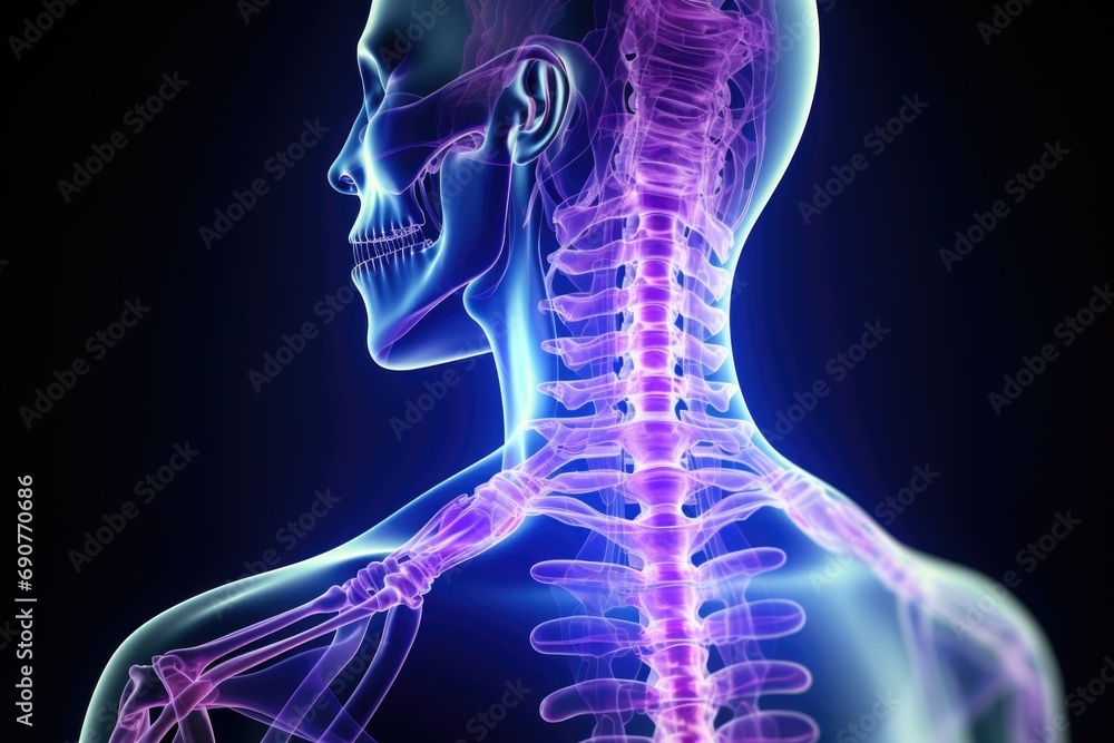 Poster a skeleton is depicted with a highlighted head and neck. this image can be used for educational purp