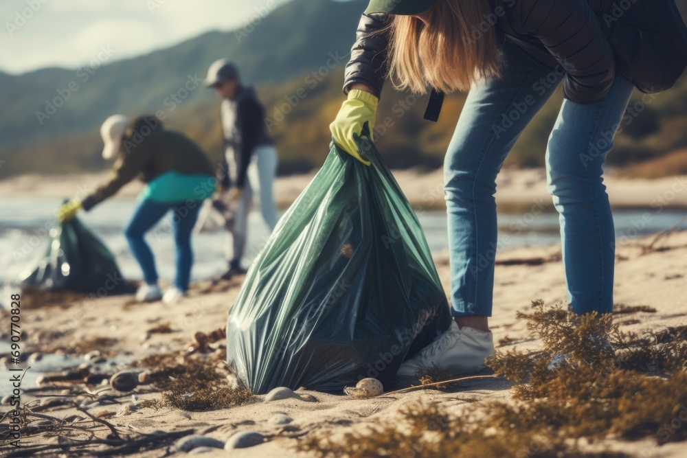 Poster people are seen picking up trash on a beach. this image can be used to highlight the importance of e