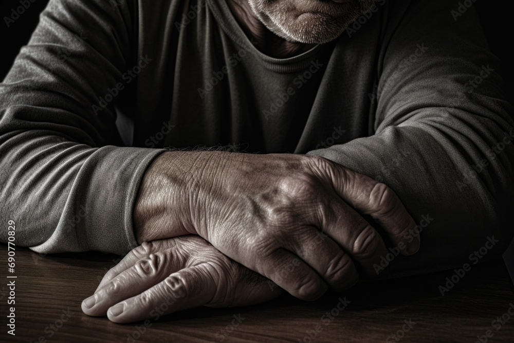 Poster a man sitting at a table with his hands folded over his chest. suitable for business and professiona