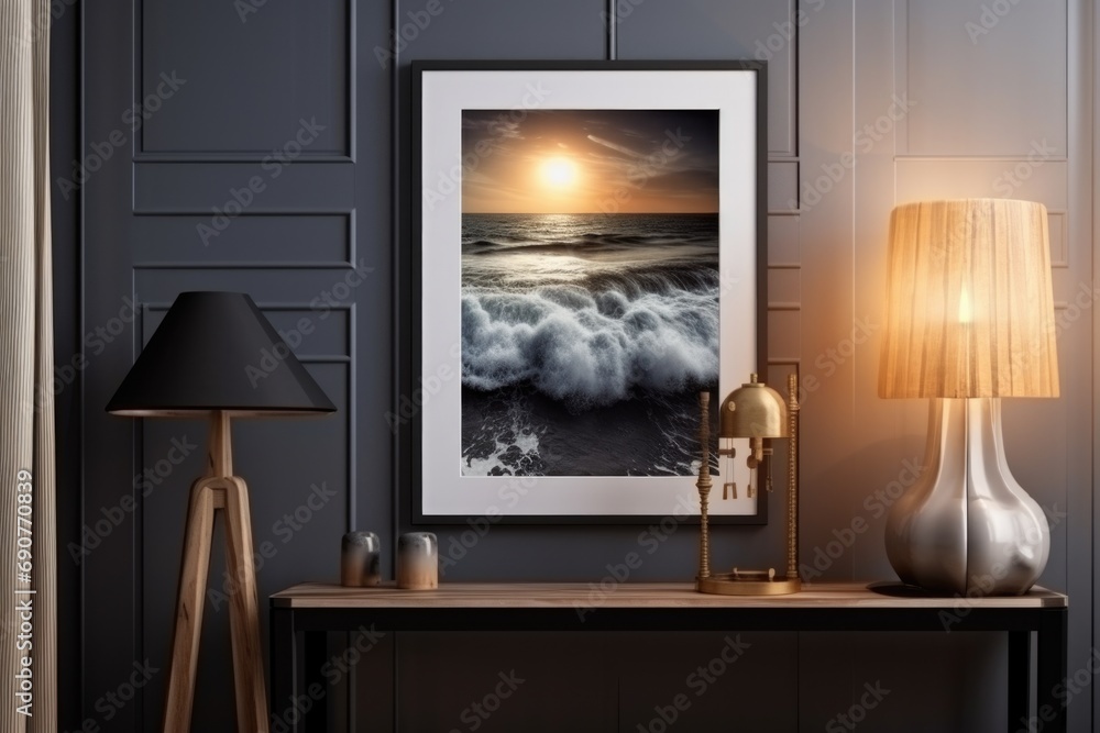 Poster a table featuring a lamp and a picture. suitable for home decor or interior design projects