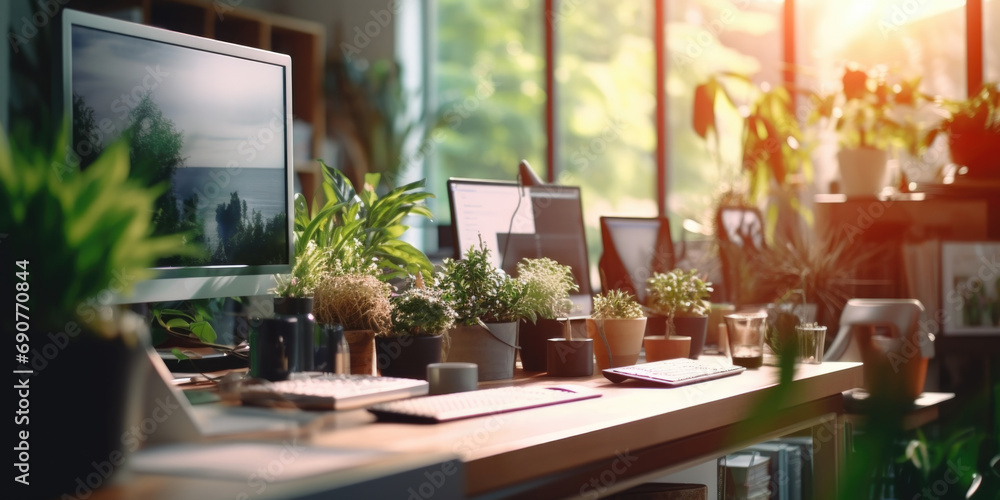 Poster a desk setup with a computer monitor and vibrant potted plants. ideal for office or home decor.