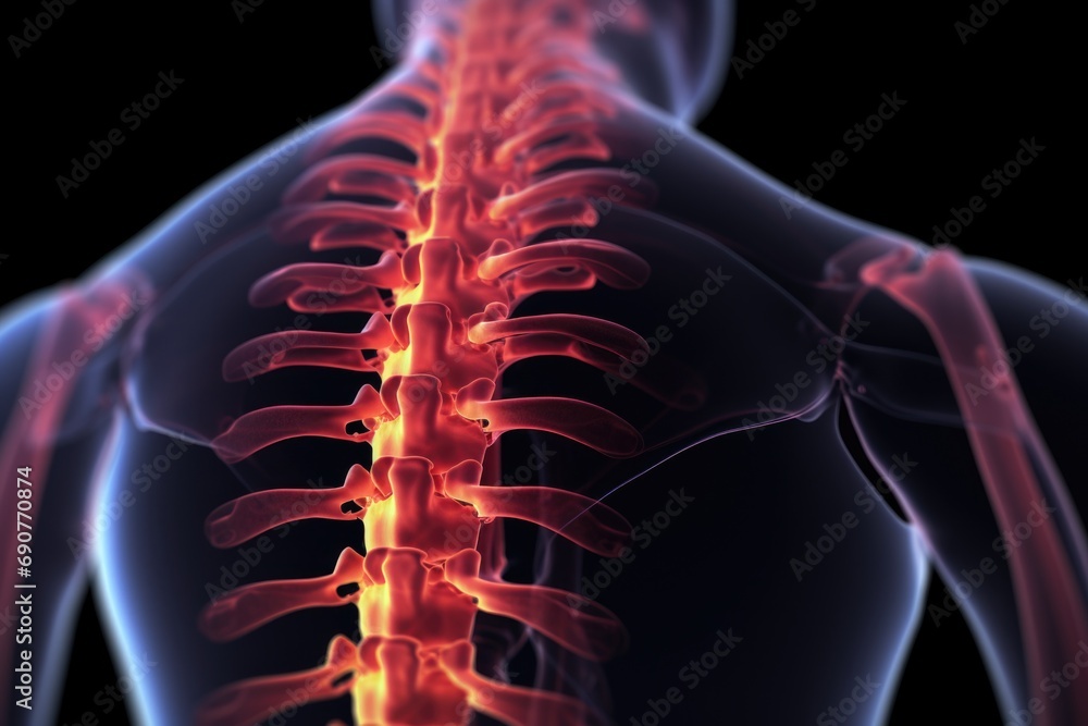 Poster a detailed image of the back of a man's skeleton with a highlighted spine. this picture can be used 