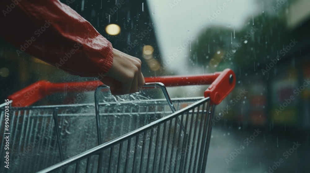 Poster a person pushing a shopping cart in the rain. perfect for illustrating the everyday challenges of sh