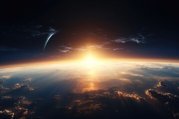 Fototapeta premium A stunning view of the sun rising over the earth. Perfect for illustrating the beauty of nature and the beginning of a new day.