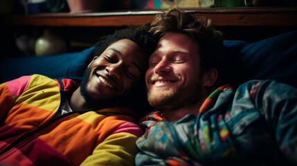 closeup of interracial gay couple relaxed and hugging outdoors, 30 years old, LGBT concept