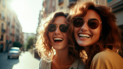 a couple of smiling female friends in their thirties take a selfie outdoors. lesbian couple. LGBT