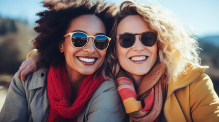 a couple of smiling female friends in their thirties take a selfie outdoors. lesbian couple. LGBT