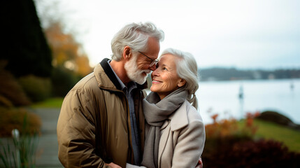 an elderly couple, man and senior woman with white hair embracing each other, looking at each other happily and exchanging affection, frontal shot with an autumn landscape in the background
