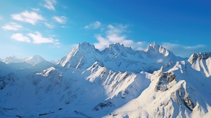 A picturesque snow covered mountain with a clear blue sky in the background. Ideal for outdoor and nature-related projects