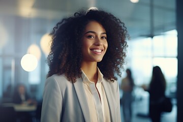 A woman with curly hair smiling in an office. Suitable for business and workplace concepts