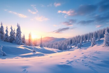 A beautiful image of the sun setting over a snowy mountain. Perfect for winter-themed designs and outdoor adventure concepts