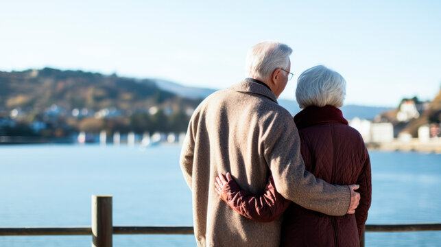 an elderly couple, a man and a senior woman with their arms around each other, look dreamily at the lake, shot from behind