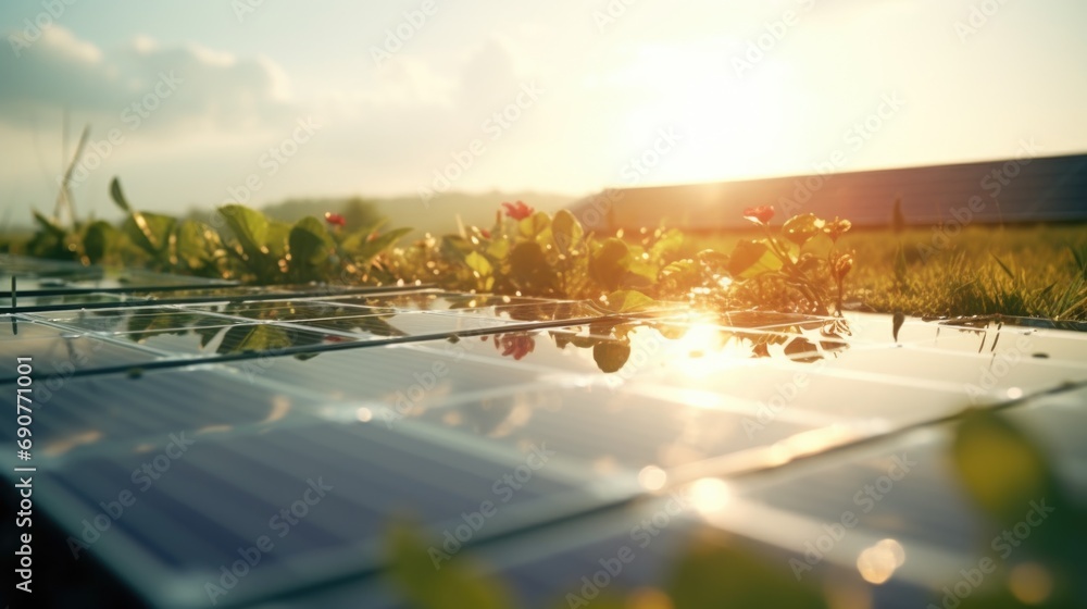 Poster a close up view of a solar panel placed in the grass. this image can be used to illustrate renewable