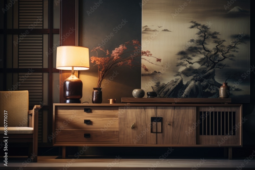 Poster A picture of a table with a lamp on top. Perfect for adding a cozy and warm atmosphere to any room