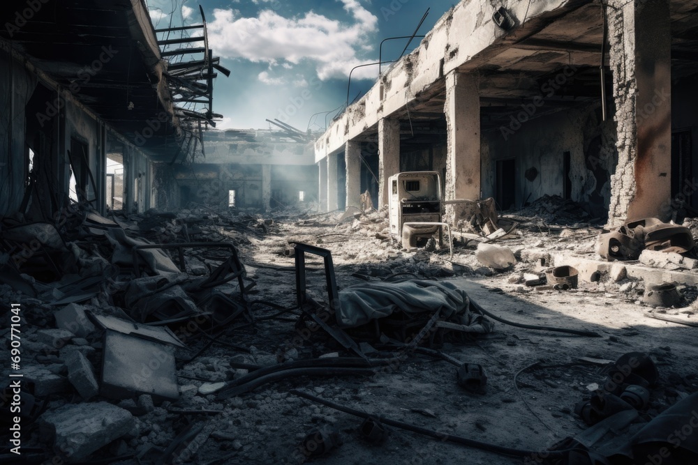 Poster a building that has been destroyed by a fire. suitable for illustrating the aftermath of a fire or f