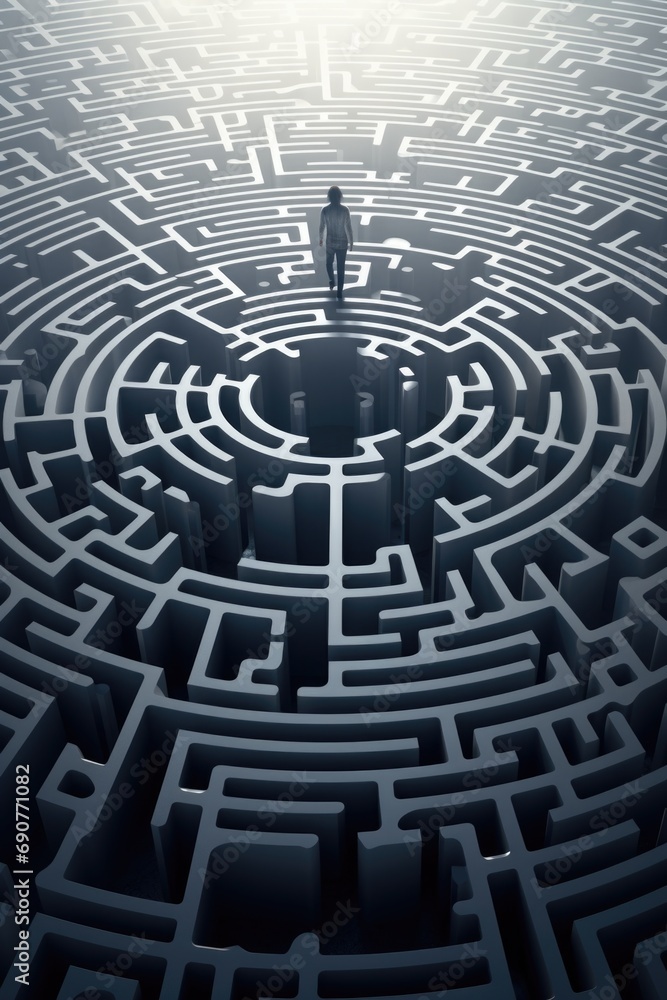 Poster A man standing in the middle of a maze. Perfect for illustrating the concept of confusion or finding one's way through obstacles