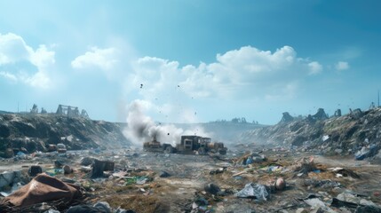 A dump truck driving through a dump yard. This image can be used to depict industrial activities and waste management