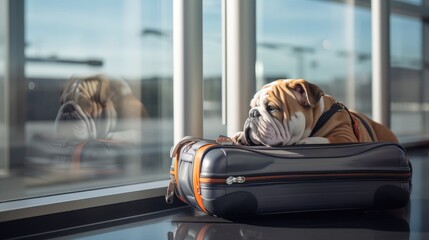 Photo of an English bulldog on a suitcase on a trip, moving, airport waiting room