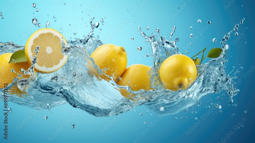 Poster Lemons being thrown into water, creating a splash. Suitable for refreshing summer concepts